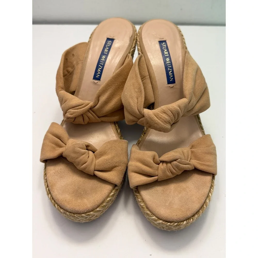 Stuart Weitzman Tan Suede Knot Espadrille Wedge Sandals ZW 65639 Womens 7M Spain